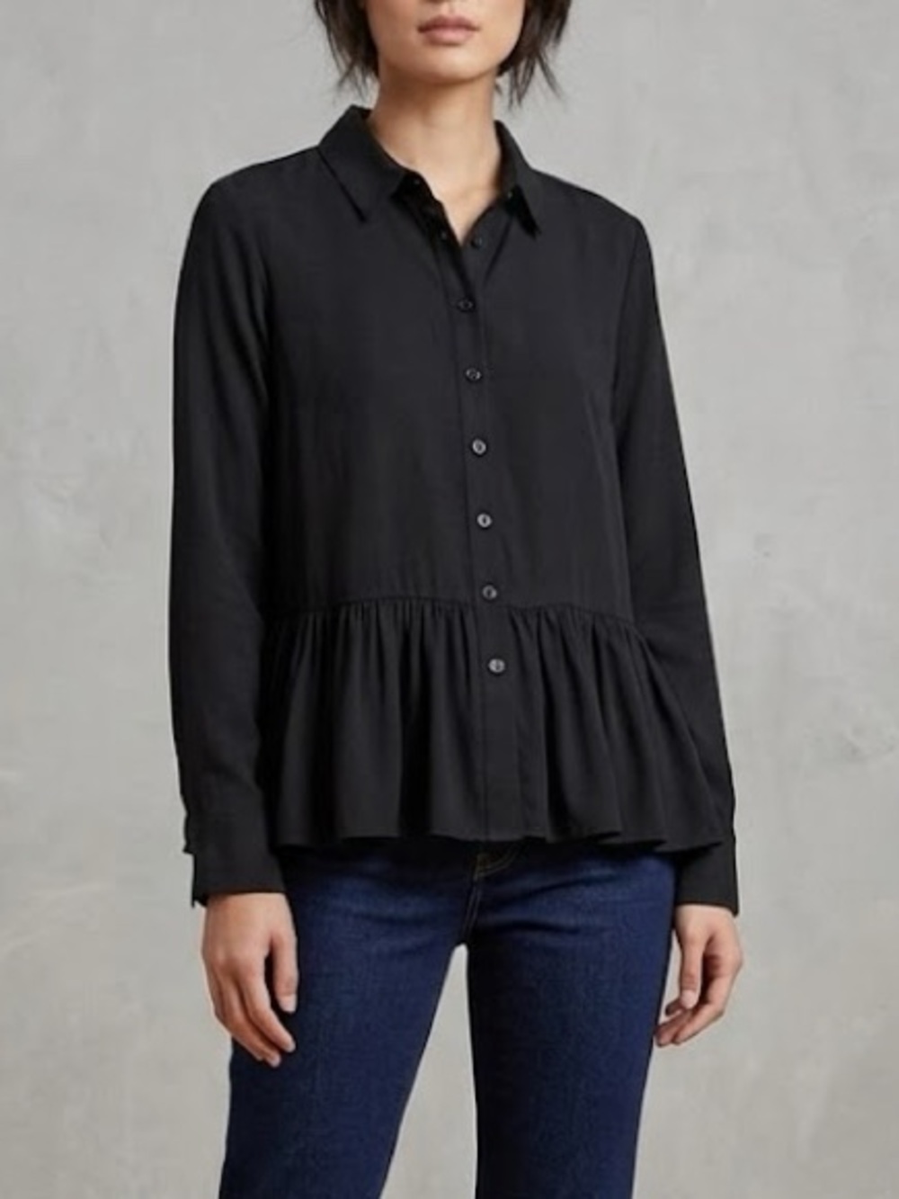 TYLHO Black Silk Peplum Button Down Blouse